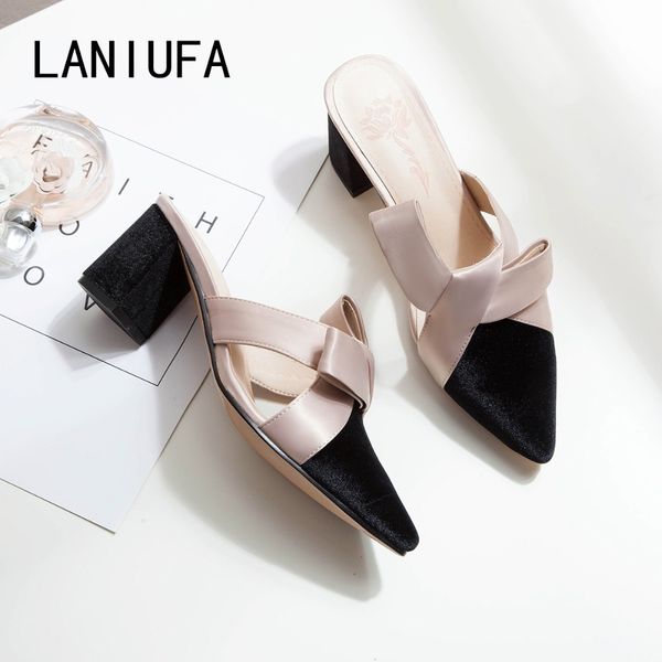 

new arrival 2019 bowknot women slippers pointed toe high heels slippers women ladies fashion women shoes zapatos mujer #271 t200525, Black