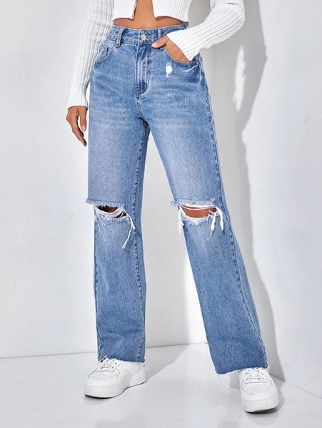 

petite ripped straight leg jeans l9ar#, Blue