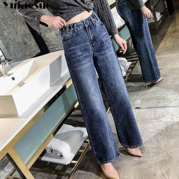 

women summer loose wide leg denim pants high waist jeans 2020 female loose wide leg trousers vintage ladies slim jeans plus size, Blue