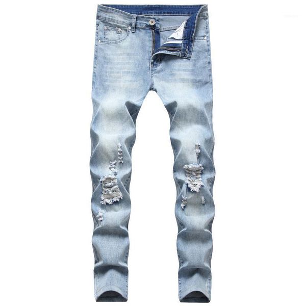 

men's ripped jeans button ripped decor stretchy breathable washable slim fashion personality light blue autumn male streetwear1