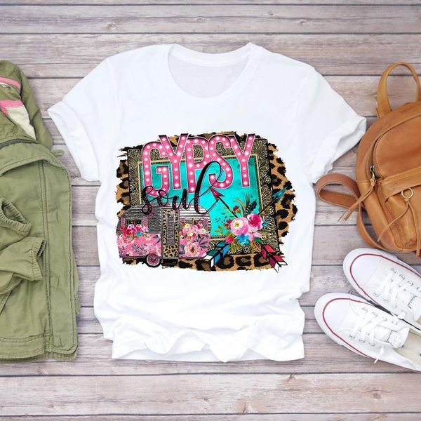 

women 2020 summer vintage flower leopard truck printed floral lady t-shirts t shirt ladies womens graphic female tee t-shirt, White