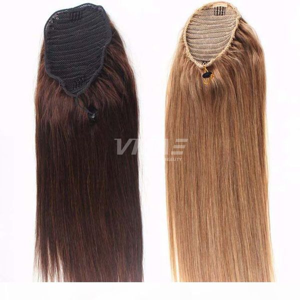 

silk straight virgin raw human pony tail natural horse tail horsetail tight hole clip in drawstring ponytail hair extensions, Black