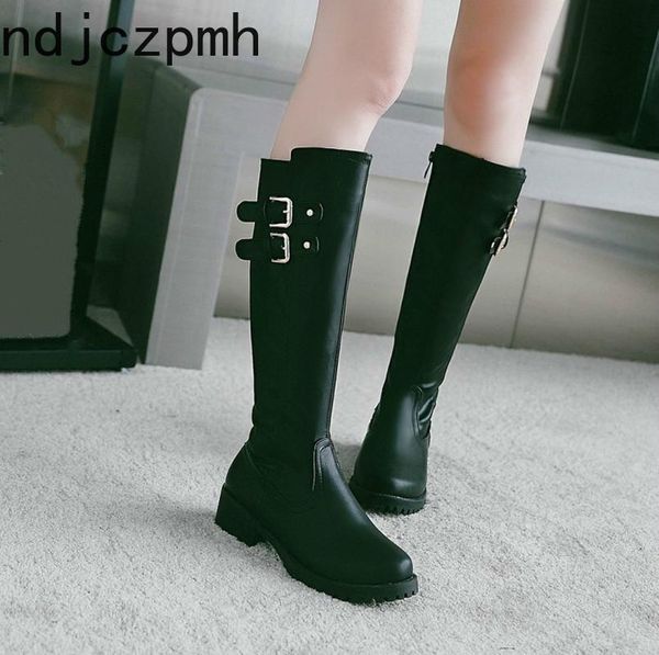 

boots women fashion autumn and winter round head zipper belt buckle low-heeled knee high shoes plus size 34-43, Black
