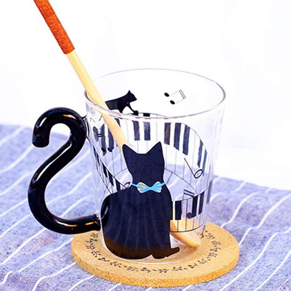 

cat cartoon drinking cup glass cute student couple water cup blue bow tie piano cat tumbler