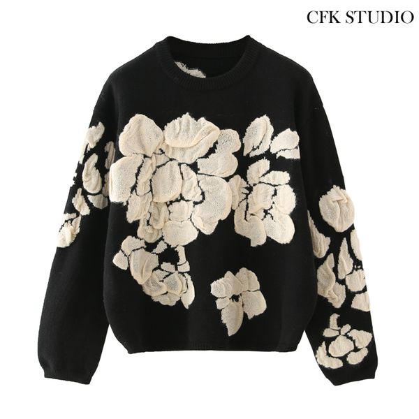 

autumn winter floral print sweater women knitted pullover femme sweaters knitted oversize black sweater jumper 201031, White;black