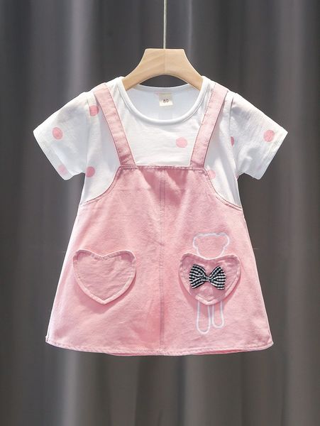 

baby cartoon and polka dot print heart patch detail 2 in 1 dress she, Red;yellow