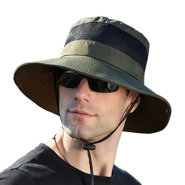 

summer mesh breathable bucket hat mens outdoor hiking hats womens big brim sun cap bennie caps, Blue;gray