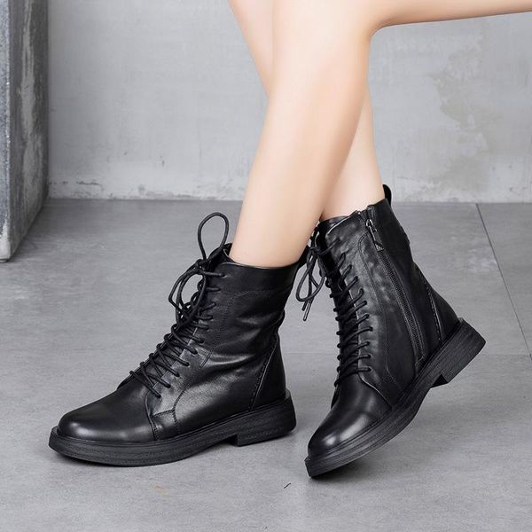 

boots ankle women leather autumn shoes for low heels black 100martins handmade genuine soft knight boots2021