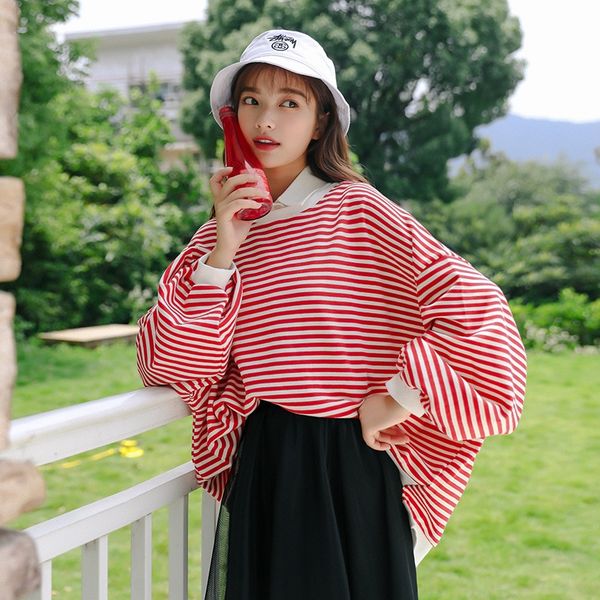 

9065# super fire ins long sleeve striped t-shirt for autumn and new harajuku bf style loose bat winter women's wear t-shirt winter wome, Black