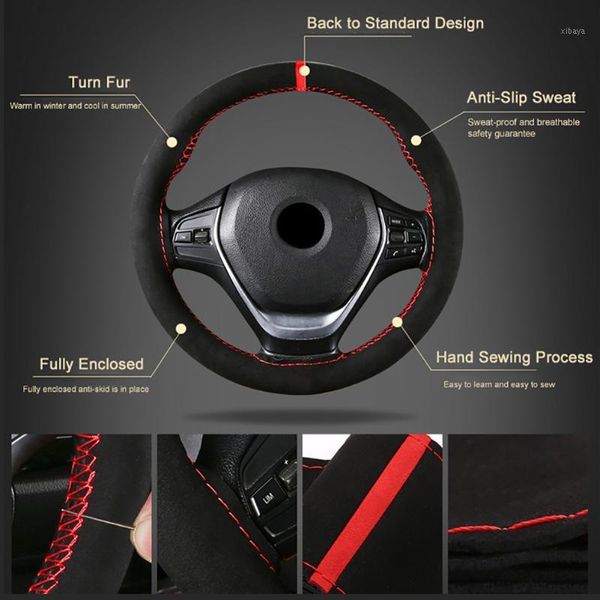 

38cm universal auto steering wheel cover breathable suede hand sewing braid nonslip vehicle parts with needle thread1
