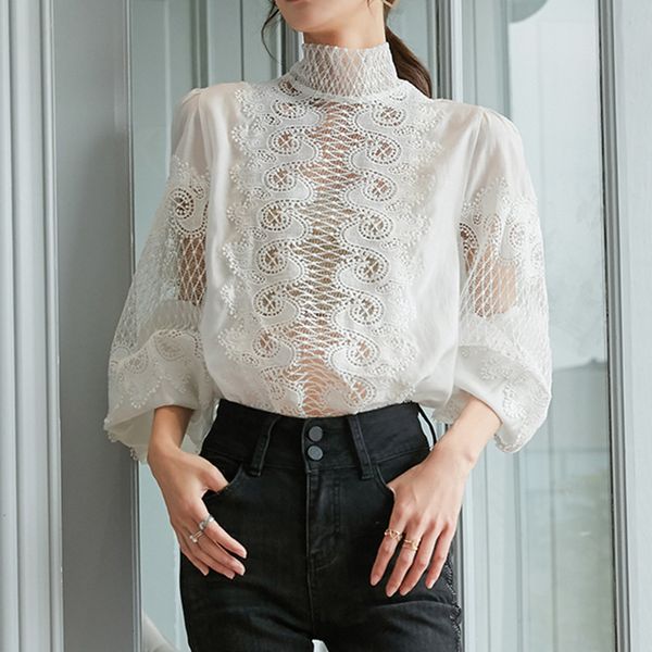 

2021 women's clothing spring autumn blouse shirt fashion lace stand collar loose lantern sleeve pullover ladies new xfl1, White