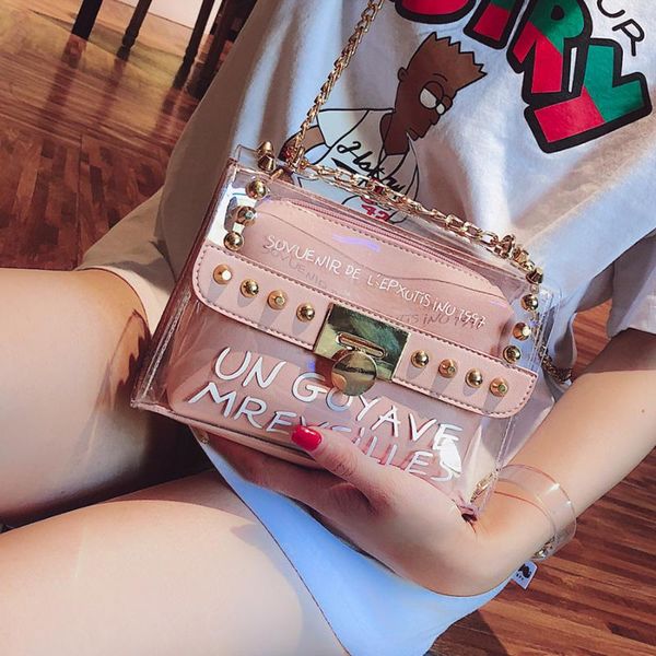 

2020 summer fashion new handbags women pvc transparent printed letter ladies square bags women chain shoulder bags