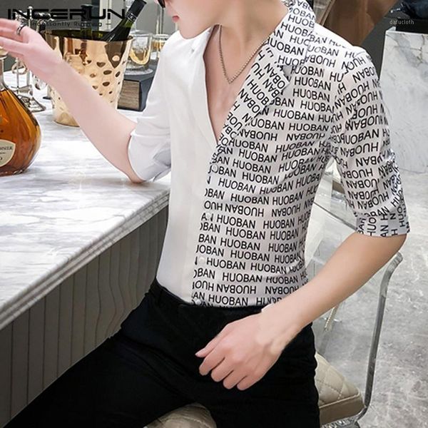 

men fashion printed shirts half sleeve v neck patchwork shirts casual slim fitness business brand blouse summer camisa incerun1, White;black