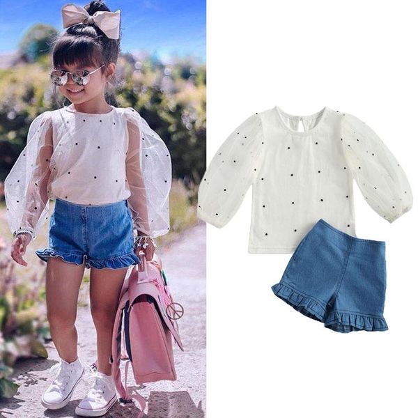 

1-6y fashion summer girls clothing sets toddler kids girls lace dots puff sleeve shirts +denim shorts tracksuits outfits, White
