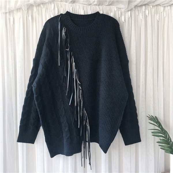 

[ewq] autumn ladies plus size fashionable knit pullover stitching rhinestone tassel sweater women keep warm winter 16q360 201223, White;black