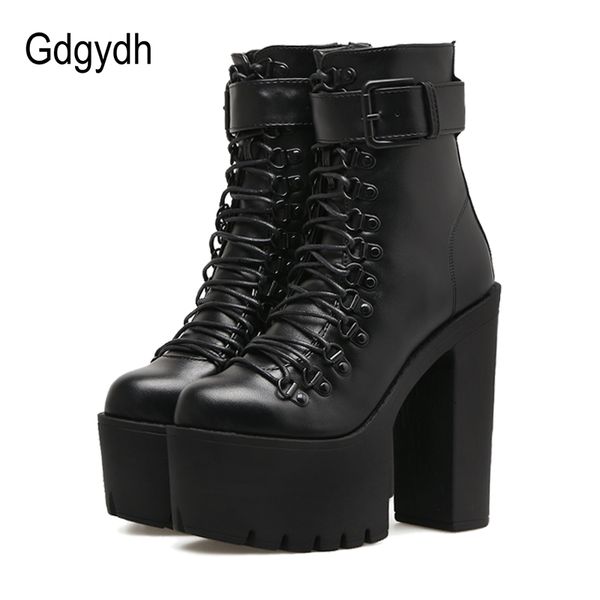 

gdgydh fashion motorcycle boots women leather spring autumn metal buckle high heels shoes zipper black ankle boots woman lacing 1026