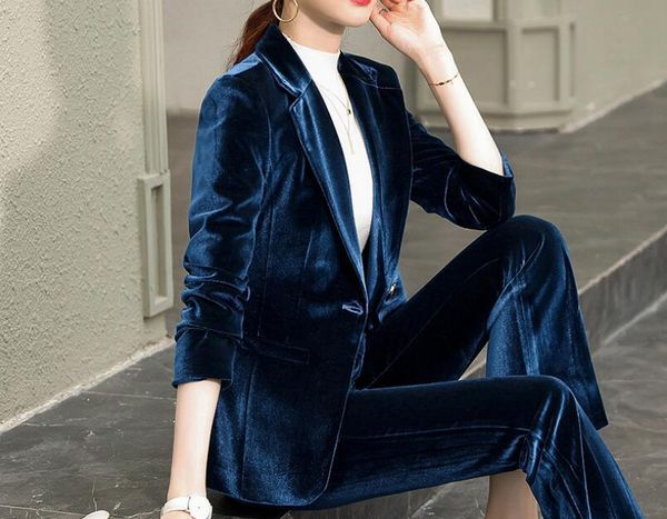 

women's two piece pants professional suits women velvet fashion temperament slim long sleeve blazer sets office ladies formal work wear, White