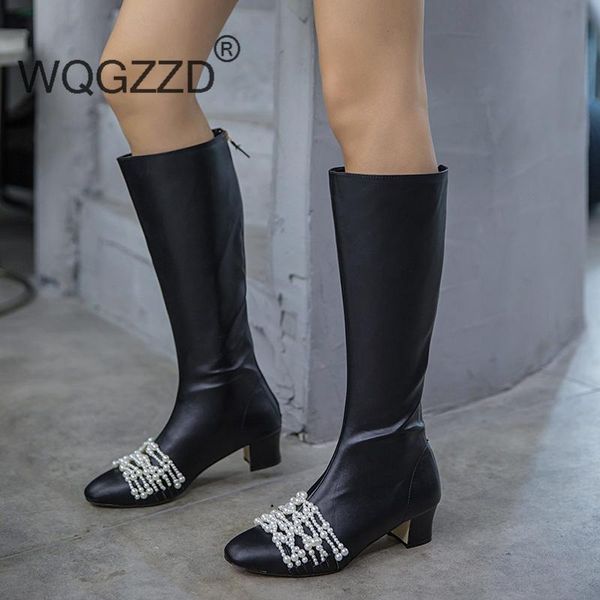 

bottes femme high boots women's riding boots genuine leather string bead knee-high women's new winter shoes batos mujer, Black