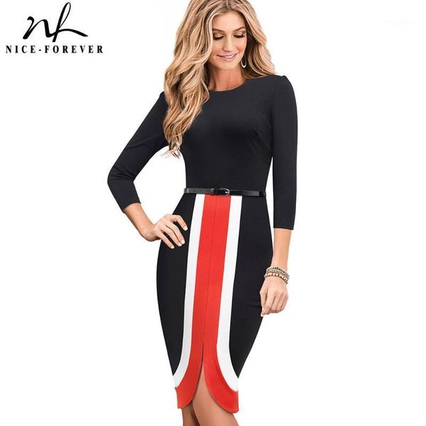 

nice-forever elegant contrast color patchwork vestidos business party bodycon sheath slim autumn women dress b5491, Black;gray