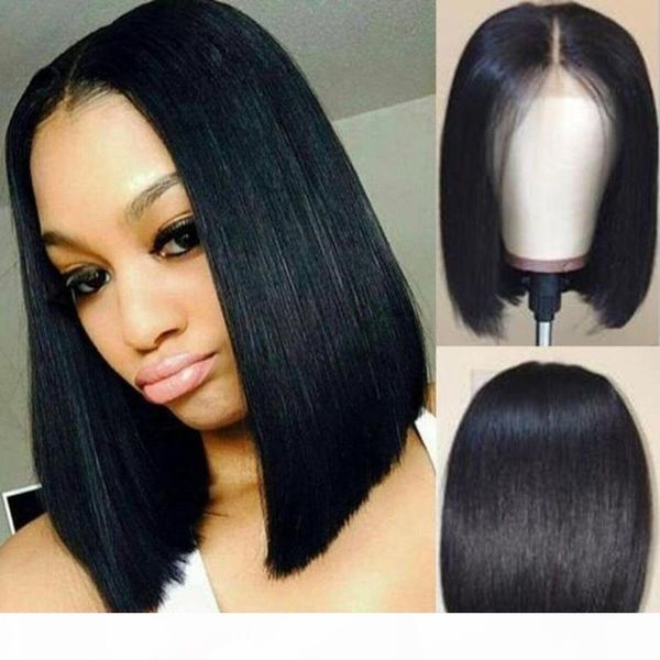 

brazilian virgin hair bob wig short cut pre plucked glueless brazilian virgin lace front wigs human hair for african american, Black;brown