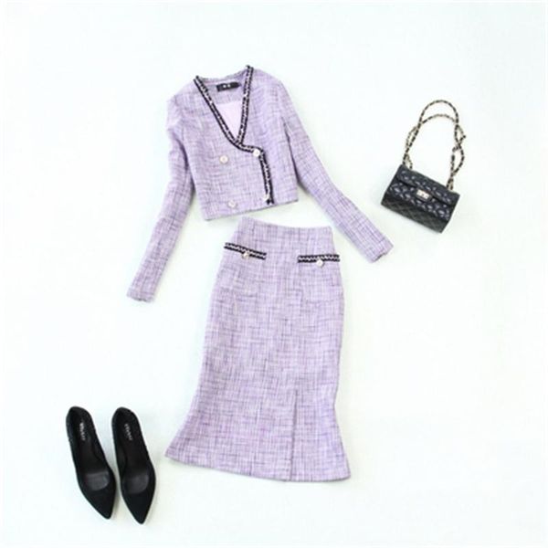 Moda Terno xadrez Feminino Inverno / Primavera Nova Qualidade Alta Qualidade Lace Tweed Top Jacket + Saco Hip Fishtail Skirt Luz Roxo Set 201027