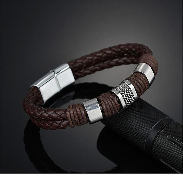 

new arrival men pu leather 1pc punk boys unique zinc alloy weave knit brown bracel jllrws
