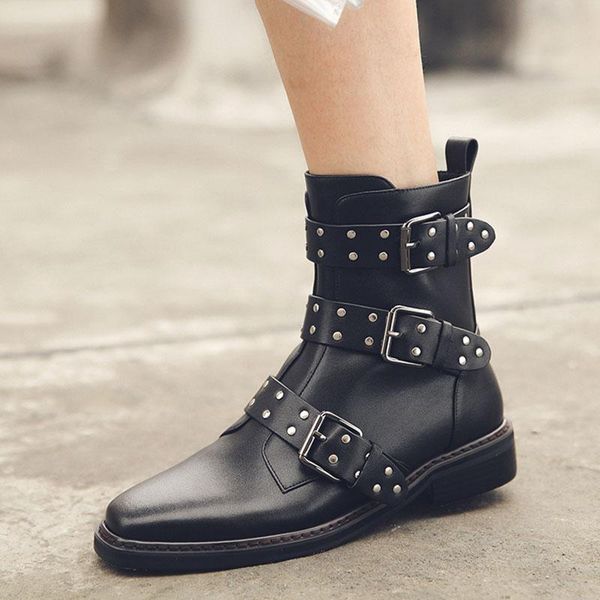 

fall motorcycle boots women natural genuine leather buckle thick heel ankle boots punk zip square toe shoes ladies 34-40, Black