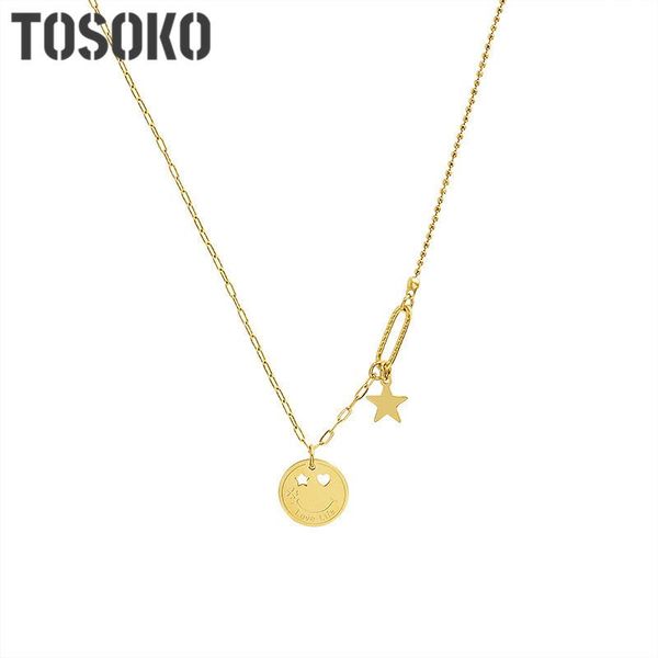 

tosoko stainless steel jewelry smile star pentagram pendant sweater chain necklace female collarbone neck chain bsp766, Golden;silver