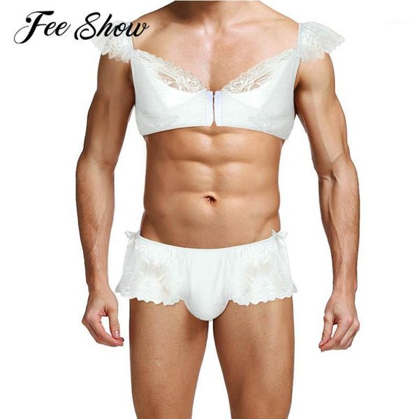 

2pcs gay mens soft lace sissy lingerie set underwear erotic apparel spaghetti strap cap sleeves bra with bikini briefs1, Red;black