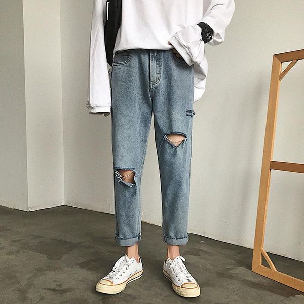 

spring autumn 2020 fashion teenagers denim ripped jeans men's loose pants men's korean casual wild handsome long hip hop pants, Blue