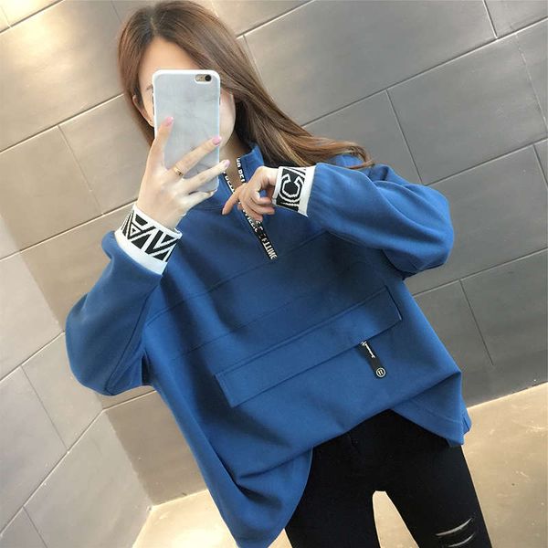 

early half high collar zipper sweater women's clothing 2020 new loose korean european style spring and autumn winter coat, Black