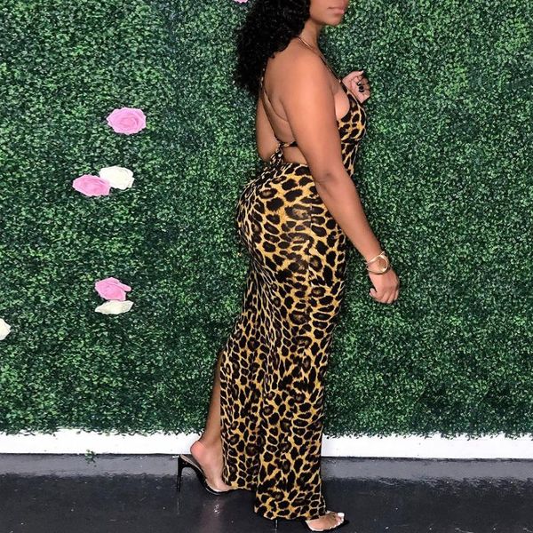 

casual dresses women bodycon dress fashion leopard print party cocktail spaghetti strap club halter neck sleeveless split q30, Black;gray