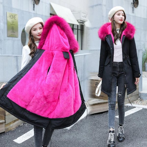 

make new winter down jacket female han edition long over-the-knee loose bf show thin waist parker fur coat1, Black
