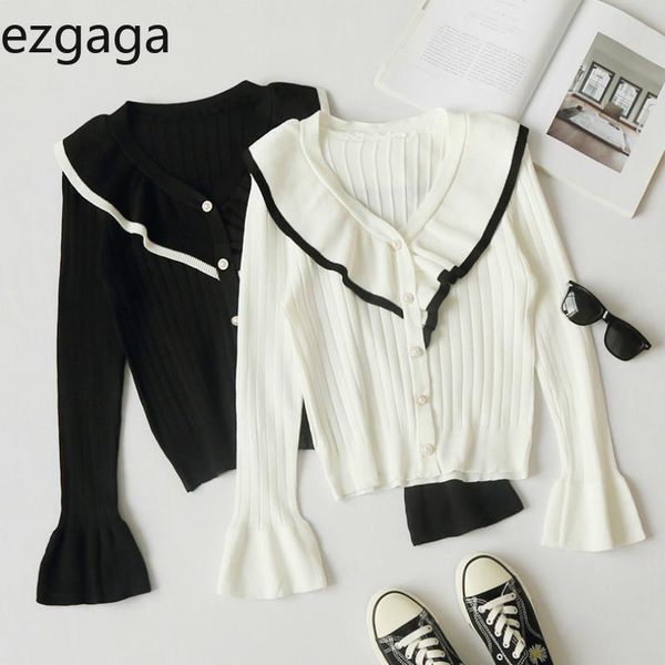 

ezgaga women sweater autumn 2021 korean fashion ladies v-neck ruffles long flare sleeve knitted cardigans thin slim casual, White