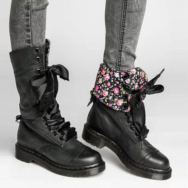 

women martin boots pu leather mid heels punk ladies shoes autumn winter lace up platform riding boots plus size zapatos de mujer, Black