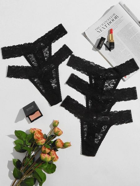 

5pack plus floral lace thong set p0pd#, Black;white
