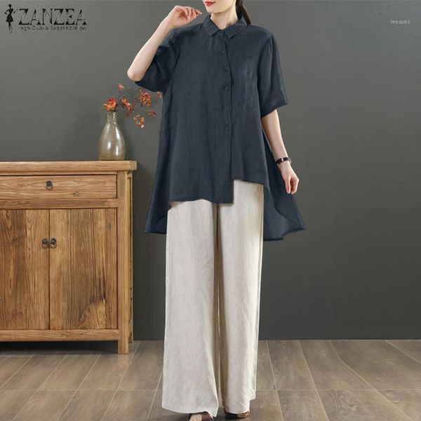 

2020 summer shirts zanzea women short sleeve asymmetrical blouse casual solid lapel work blusas female tunic plus size 5xl1, White