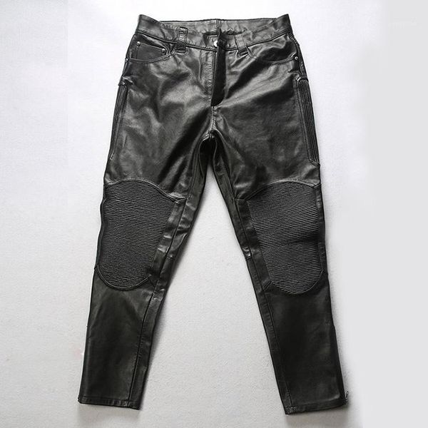 

factory 2020 new men black genuine cowskin leather motorcycle pants fashion elastic rock band pleated rider biker pants1