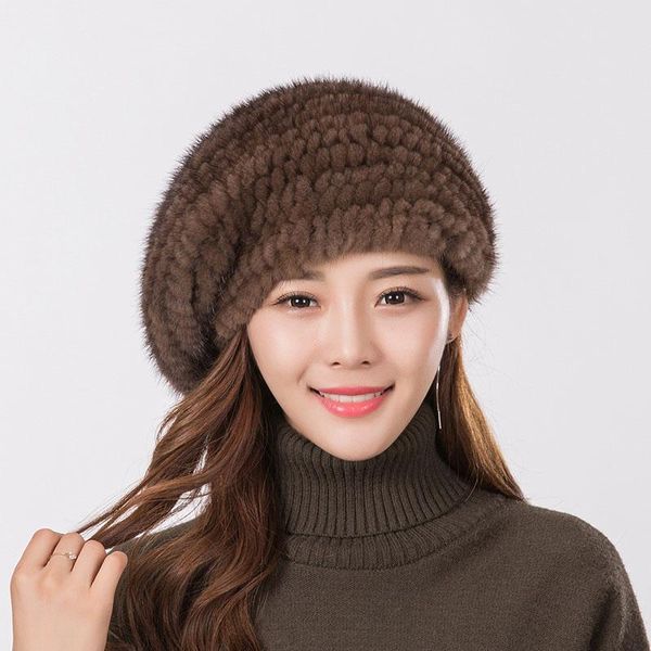 

berets women's fur beret hat mink knitted fashion warm velvet cap, Blue;gray