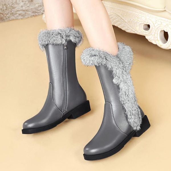 

fashion women winter boots suede plush square heels zipper mid boot keep warm fur plush insole shoes woman leather snow shoes, Black