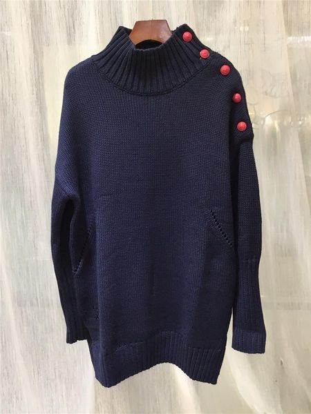 

navy woman wool sweater turtleneck drop shoulder red buttons long sleeves fashion jumper oversized knitwears 2020 new fall, White;black
