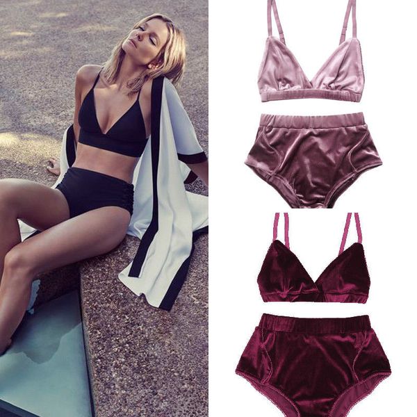 

pajama sets women girl underwear lingerie bra brief set ladies solid v-neck high elastic 2pcs veet outfits, Black;white