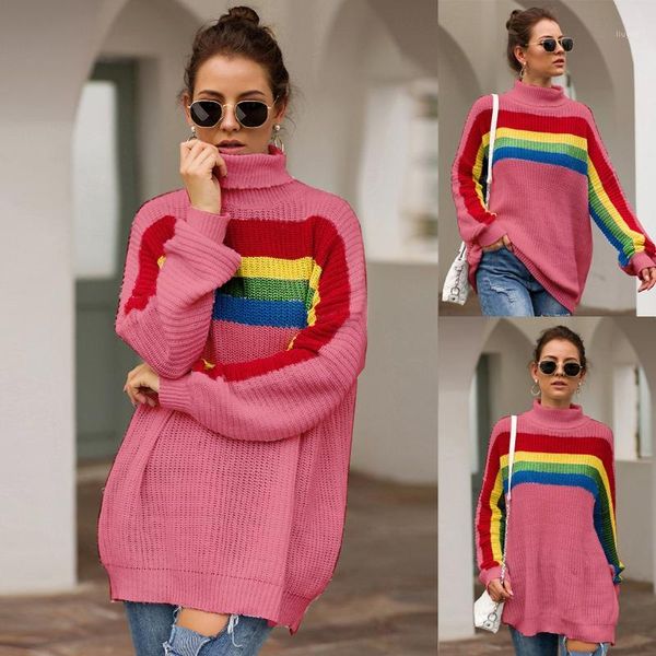 

sweater women loose knitted turtleneck colorful striped rainbow knitted pullovers long sleeve casual loose pullovers sudadera1, White;black