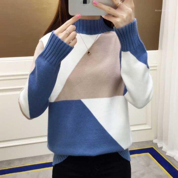 

women's sweaters beautiful contrast color knitted sweater women autumn winter half turtleneck pullover pull female jumper da2551, White;black