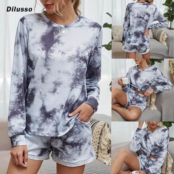 

women fashion casual long sleeve sets tie-dye print sports pants outfits set homewear daily ladies sets sleepwear loose1, Gray