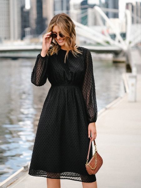

swiss dot lantern sleeve dress without belt f2m3#, Black;gray