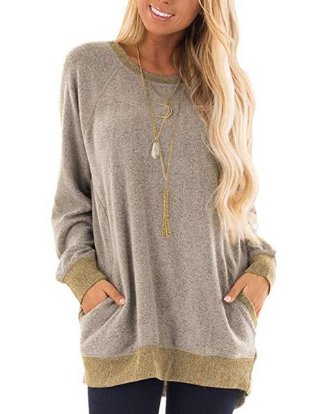 

women shirts loose long sleeve round neck casual t shirts blouses sweatshirts tunic with pocket, White