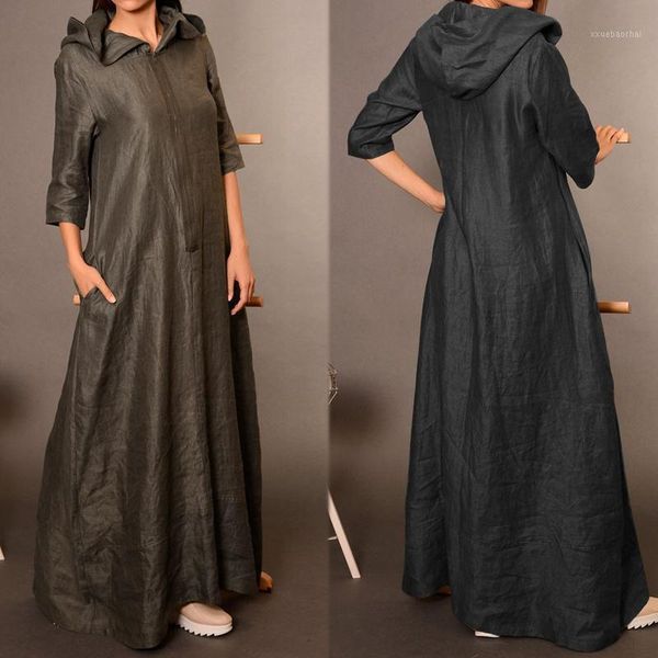 

zanzea women autumn vintage hoodies maxi long dress solid sundress elegant ladies 3/4 sleeve zipper work vestido kaftan 5xl1, Black;gray