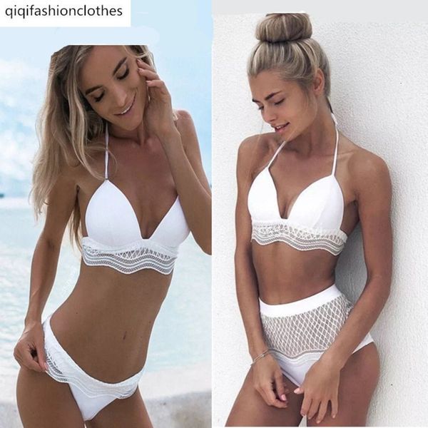 

swimsuit with white lace and high waist triangle bikini, White;black