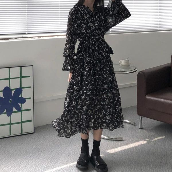 

casual dresses floral dress woman korean midi female vintage for women spring autumn 2021 vestido de mujer pph3086, Black;gray